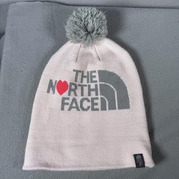 The North Face Hat Beanie Fitted Womens Heart Pink Gray Pom Pom Winter Cuffed - Picture 2 of 6